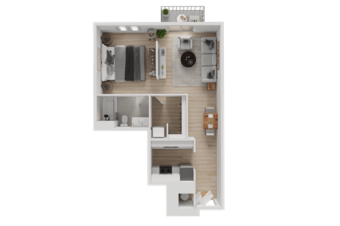 Floor plan for studio, 1 bath, 677 sqft